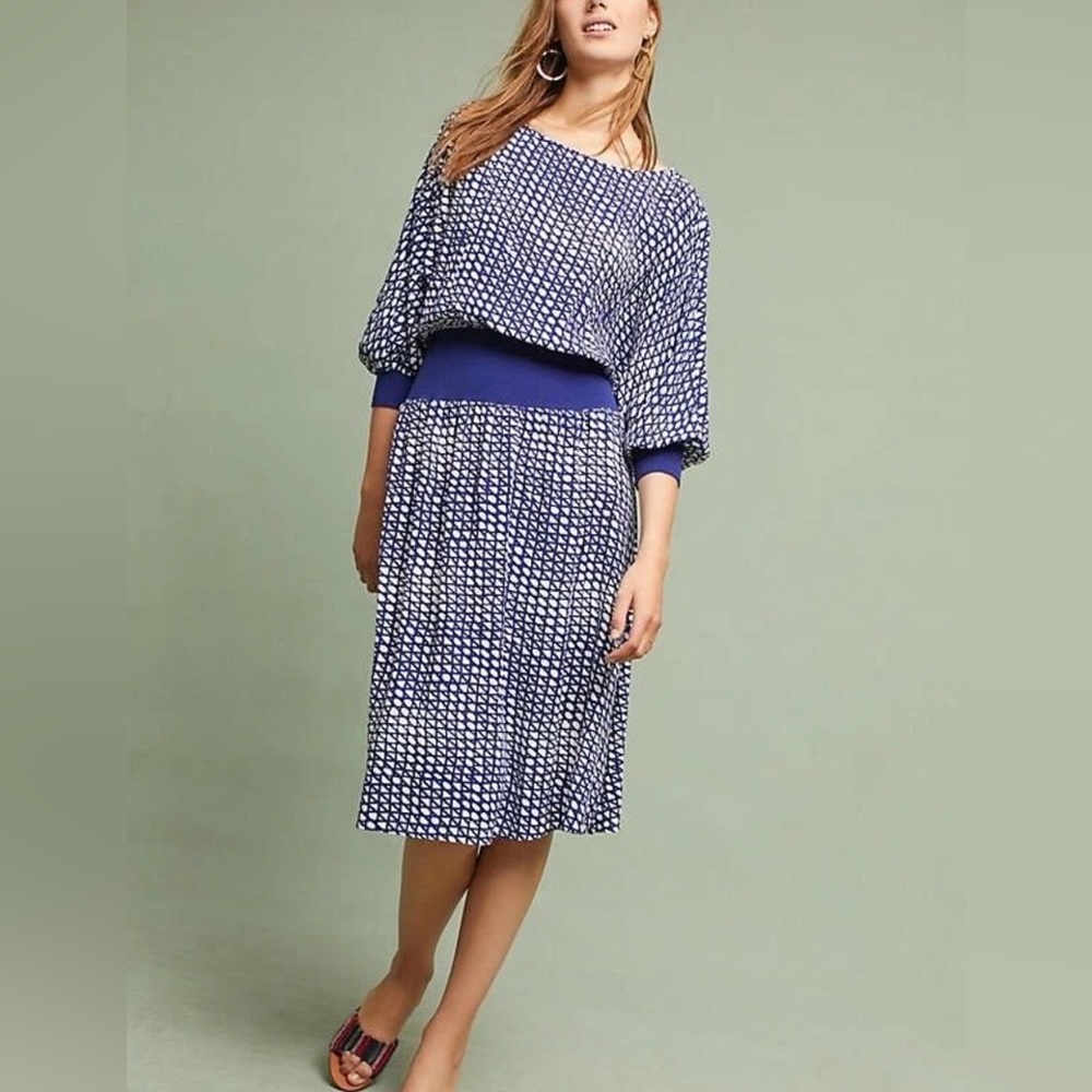 MAEVE Anthropologie Blue & White Geometric Print Midi Dress XS Boho Chic Dolman